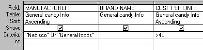 Example: In the picture to the right, the query is making the following request: Display all General Food products but only those Nabisco