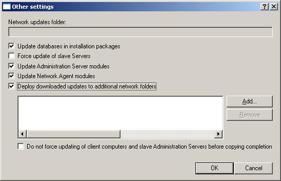 U P D A T E To make the update tasks of client computers and slave Administration Server start only after the updates are copied from the selected network folder to additional updates folders, check