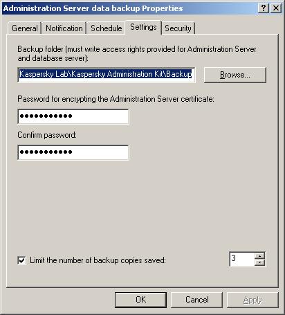 A D D I T I O N A L F E A T U R E S folder for saving the backup data copy password that will be used for encrypting/decrypting the Administration Sever certificate; re-enter the password in the