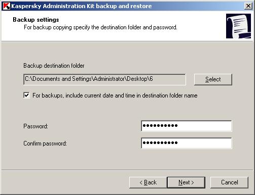 A D D I T I O N A L F E A T U R E S 3. In the next window specify the Password and Backup destination folder (see the figure below). Press the Next button to perform backup. Figure 275.