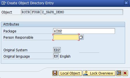4. In the Short Text field, enter a description for the new function group and choose Save. The Create Object Directory Entry screen appears. 5.