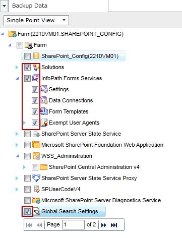Restoring Windows SharePoint Solutions, InfoPath Form Services and Global Search Settings In the Data Selection page, click the farm node in the Backup Data area to load the tree and then select