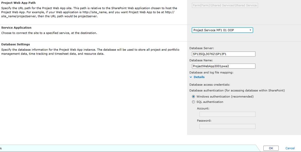 Figure 71: Project Service Application (SharePoint 2010) settings.