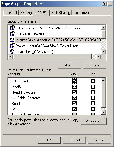 Setting Up SageCRM and Sage ERP Accpac on a Single Server To allow the Internet Guest account to access shared data: 1. In Windows Explorer, navigate to the Sage ERP Accpac Shared Data folder.