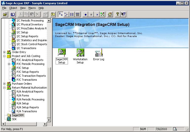 Activating SageCRM Integration within Sage ERP Accpac Activating SageCRM Integration within Sage ERP Accpac After you install the Sage ERP Accpac Integration (E/W) Component, you must activate it.
