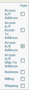 When SageCRM is integrated with Sage ERP Accpac, new Type check boxes appear for contacts and addresses: A/R or A/P Contacts (on the Person edit screen) A/R or A/P Addresses (on the Address edit