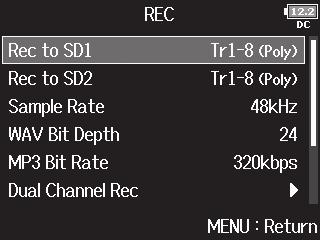 F8 Multi Track Field Recorder Enabling recording on SD cards and setting file formats The recording file format can be set independently for SD CARD slots 1 and 2.
