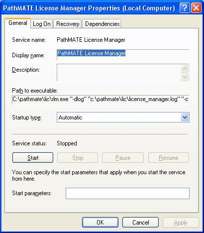 Figure 6: License Manager Service Properties 8. Click Start to start the license server. A progress dialog will appear briefly while the license server starts.