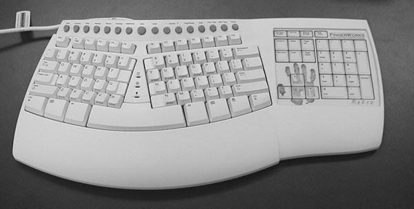 Keyboard C: FingerWorks Retro Keyboard with MultiTouch pad Split angle of 23 degrees 16 degrees angle at the front of the keyboard and then, evens at 3.