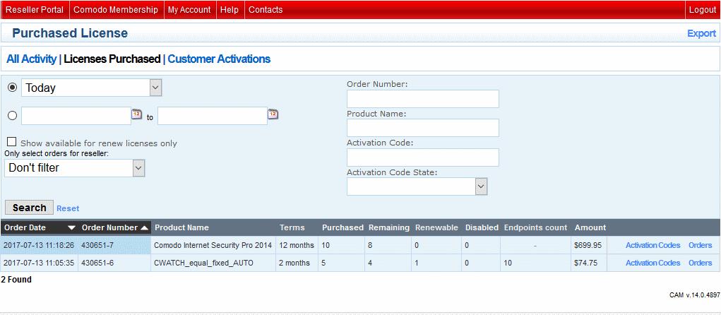 Use the search fields to filter entries by purchase date, order number, product name and more.