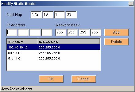 5. At the Modify Static Route display, enter the appropriate Next Hop IP address for the local IP Networks.