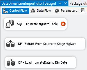 c. Data Flow Task 1 DF - Load from stgdate to DimDate d. Press CTRL + S to save your work. Saving often is a good thing! Here s a screenshot: 3.