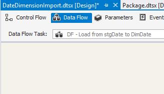 In this data flow we will use a Type 1 Slowly Changing Dimension to ensure that we do not unintentionally introduce the same business key more than once to the dimension. 1. Start by double-clicking on the DF - Load from stgdate to DimDate task to bring up the data flow design surface.