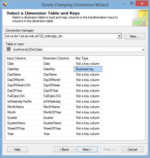 11. Select DateKey as the business key. All other columns should say Not a key column NOTE: This is not the typical case it s only this way because it s a date dimension.