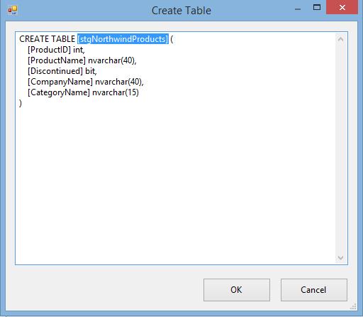 Click OK to create the table. c. You should now see the Name of the table or view configured to be [stgnorthwindproducts]. d. Our last step is to configure the mappings.