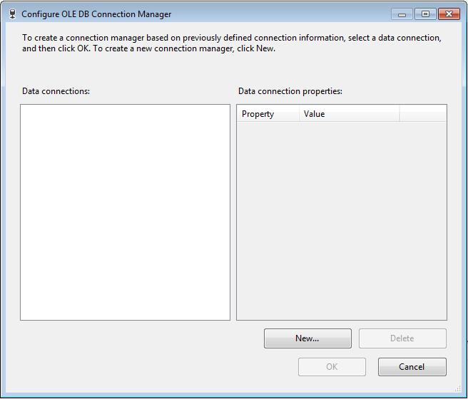 3. Next you will see the Configure OLE DB Connection Manager dialog. This dialog will allow you to add connections to database servers. Click the New button. 4.