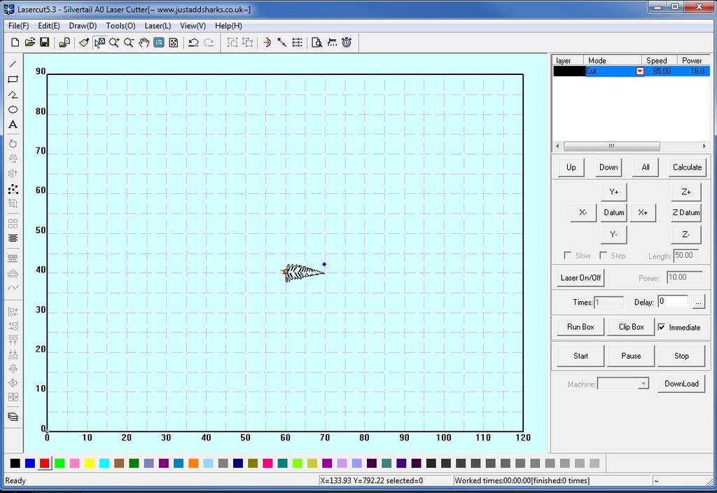 1.4 Preparing your file with the LaserCut5.3 demo software Now, you can import the DXF file into the LaserCut5.3 software. Sometimes you need to fix the colors in LaserCut5.3. To change the color of a line, select the line and then click on one of the color boxes at the bottom of the window.