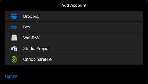Adding a Cloud Account To add a Studio Project or a cloud account like Dropbox, Box, ShareFile or WebDAV to Revu ipad: 1. Tap. Tap to get to the Home screen if necessary. 2.