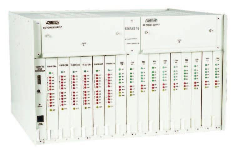 The Smart 16/16e Shelves house up to 16 rackmount modules, which are used to deploy a variety of network services including ISDN, DDS, and T1.