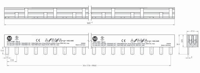 1492-SP Supplementary Protectors Bus Bar Approximate Dimensions Note: Dimensions are shown in millimeters. Dimensions are not intended for manufacturing purposes. 3-Phase Bus Bars 1009 mm +2 (39.