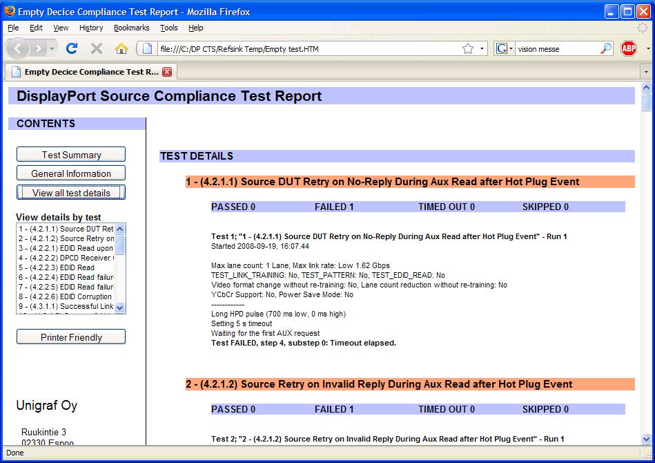 procedures of the test and test result description for all the performed tests.