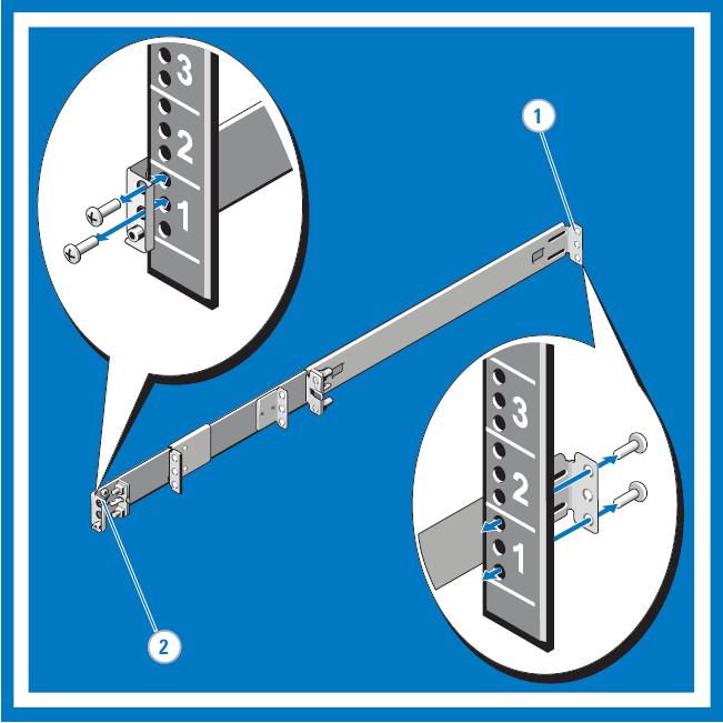 6. Installing and Removing Four-Post Threaded Static Rails Attach the right and left mounting rails to the front mounting flanges with two pairs of screws.