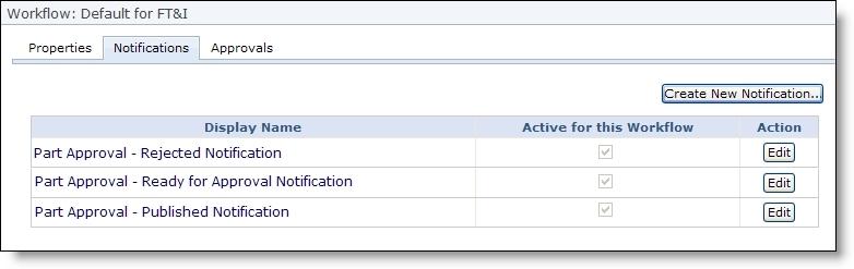 ADM INISTRA TION 73 6. To view or manage the notifications used with the workflow, select the Notifications tab. On the tab, the grid displays the part approval notifications in your database.