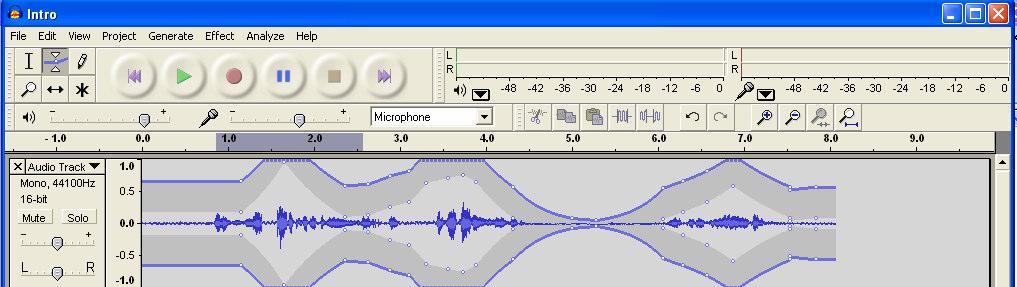 Audacity allows you to select sections of a track, and then adjust that sections playback volume by using the envelope tool, as shown below.