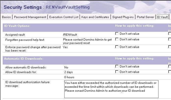 Notes ID Vault Configuration Security Settings > ID Vault