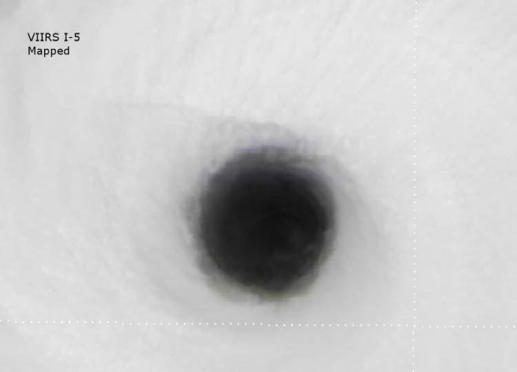 Bow-tie Effect in Non-Pixel-Trim Areas These two images are of the same hurricane eye, which occurred slightly off-nadir in the granule, but before the pixel-trim region.