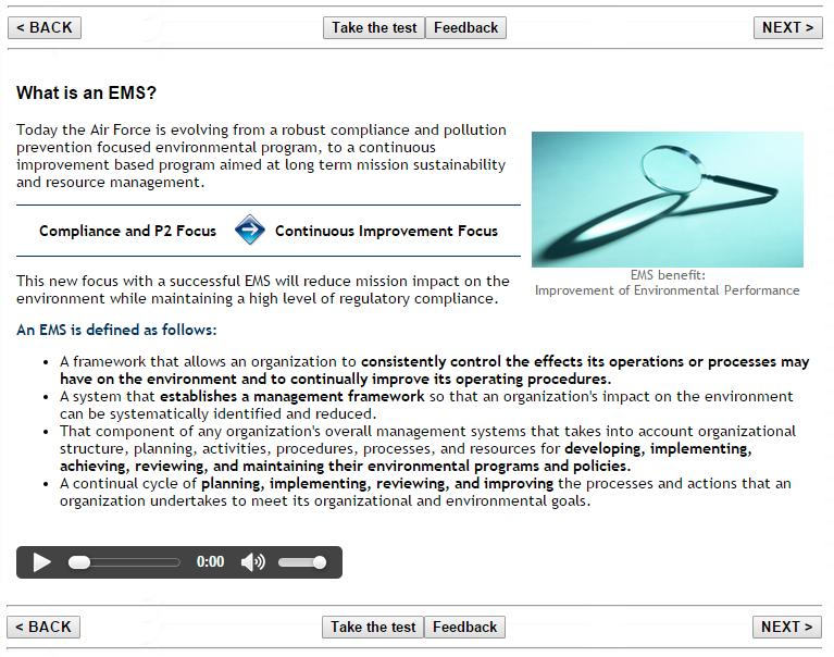 B. Navigation in the Training Modules There are buttons above and below each training page (< BACK, Take the test, Feedback and NEXT >).
