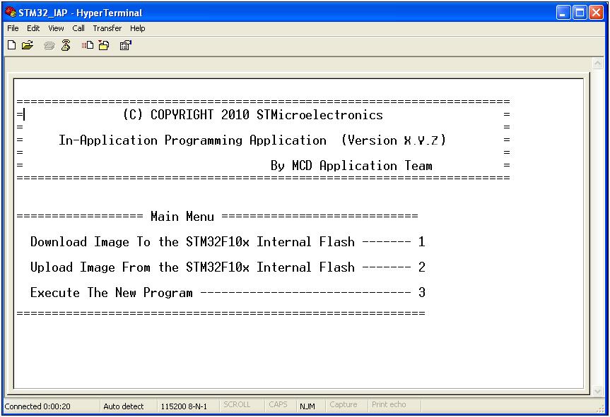 IAP driver menu AN2557 3 IAP driver menu Running the IAP displays the following menu in the HyperTerminal window. Figure 3. IAP Driver menu when the STM32F10x Flash memory is not protected 3.