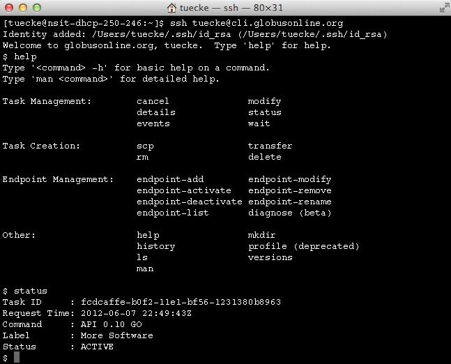 Figure 9. Globus Online file transfer CLI for interactive use Uses: XUAS command-line interface ( 7.1.1.3).