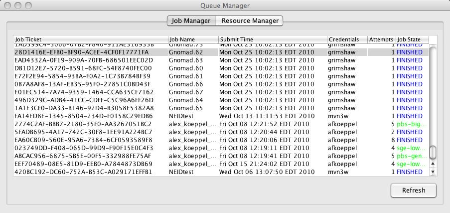 Figure 17. Grid Queue manager interface showing jobs in the queue. The job ticket, userprovided job name, submit time, submitter, number of attempts to run the job so far, and job status are shown.