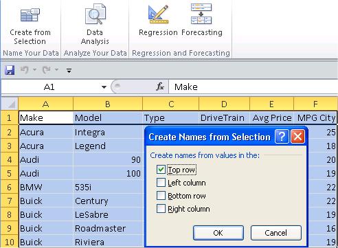 2. Hit the Create From Selection button on the FSBforecast menu and check (only) the Top row box in the dialog box.