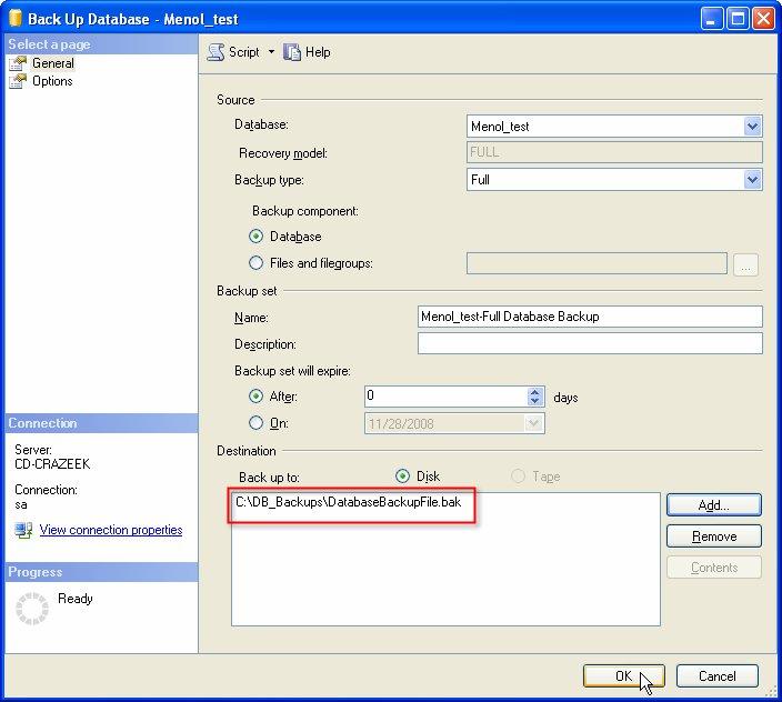 7) When you return to the Backup database dialog box you will see the destination you