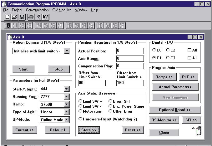 phytron Fig. 19: Main axis window with edit field for the motion parameters In the Online Mode the GSP receives commands from a master computer (PC) via serial interface.