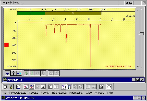 ACQUIRING A SATURN GC/MS DATA FILE You will see that the Chromatogram display is set for the full tenminute length of the current method but that only the first portion of the run has been completed.