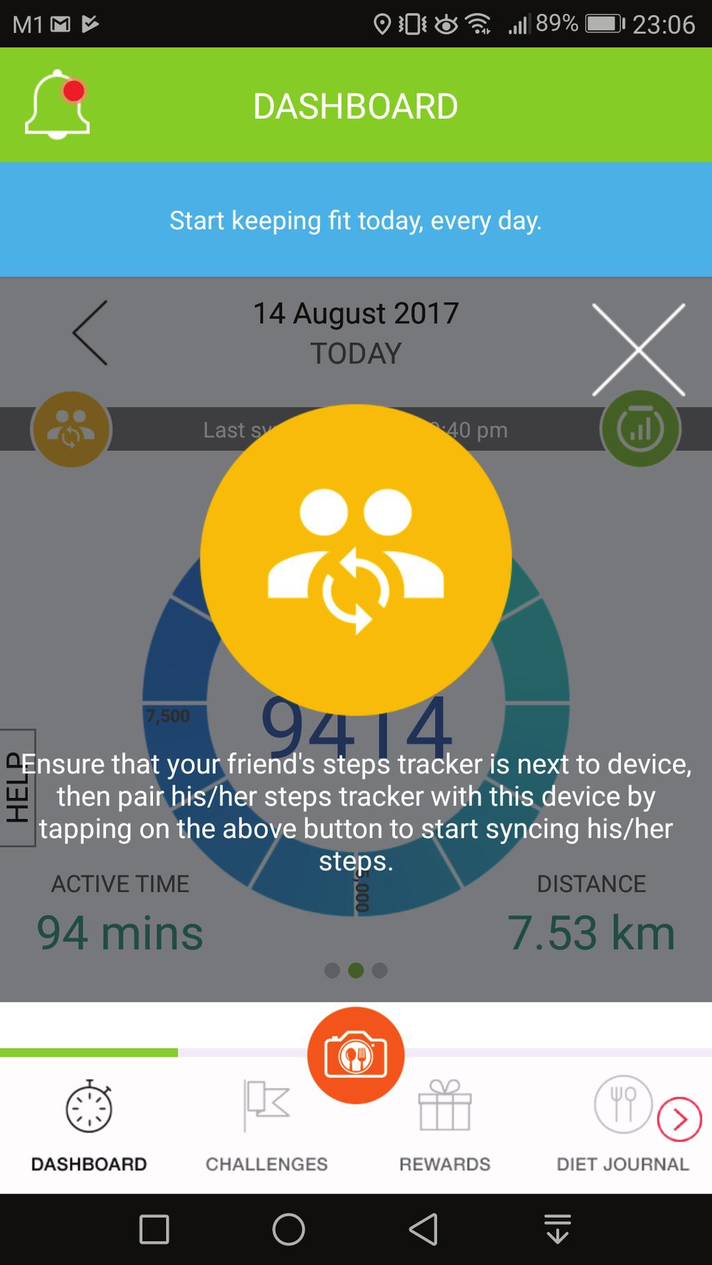 Swipe to the left for the step count dashboard and tap on the yellow Sync for Friends button. You will be prompted to key in 4-digit code. Tap on the HPB steps tracker for your 4-digit code.