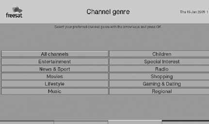 > Use the up/down arrow keys to move through the genres and press OK to select. The view will change to a grid showing all the channels in the chosen genre.