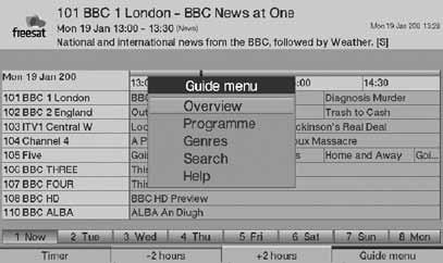 Depending on the EPG viewing mode you are in; Grid, Programme or Overview, the EPG Menu will be contextual, displaying appropriate options for that view.