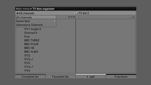 14.5 TV lists organiser This screen allows you to customise channels or create your own TV channel list.