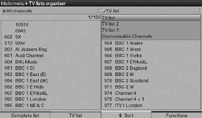 The options are as follows: TV list this is the default channel list that is created after the Autoinstallation procedure (see 8.6) or when scanning for channels via the Main menu (see 14.2).