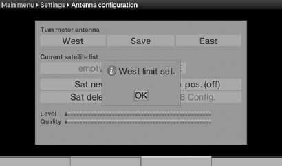 15.2.4.4 Setting a new West limit > Use the arrow keys to move the highlight to the Save field. > Now press the left arrow key to rotate the antenna to the maximum West position possible.