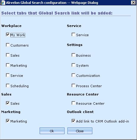 The Akvelon Global Search configuration window will open (see Figure 2). Here you can select the tabs to add the Global Search links.