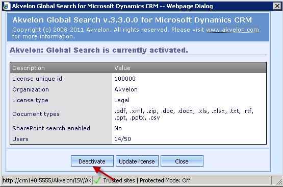 Uninstall Global Search To uninstall Global Search, please follow these steps: 1. Deactivate Global Search for ALL CRM organizations that have it enabled.