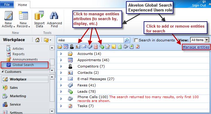 Figure 15 Quick settings for Experienced users Configuring Entity Properties For each entity enabled for Global Search you can customize the properties that are searched and displayed in result