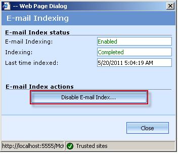 To disable and remove E-mail Indexing, go to CRM Settings -> Global Search Settings and click the E-mail Indexing button at the top menu. The E-mail Index window will open.