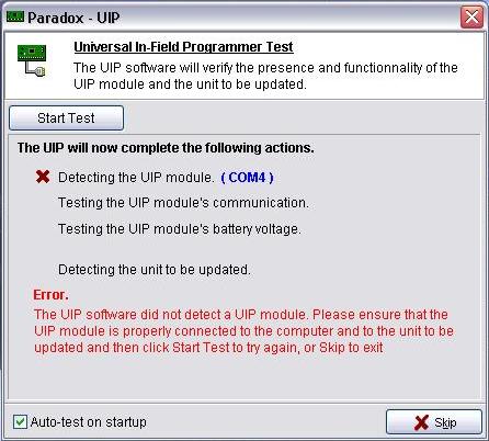 Why is it that my test is failing on the Detecting the UIP module action even though I have correctly connected my DB-9 cable to my UIP and my PC s DB-9 communication port?