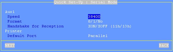 Initial Power-On Where the session type is 'Text Emulation' and connection type is 'aux1' the following box is displayed: These parameters are: - Speed: press <Space> to select the baud rate -